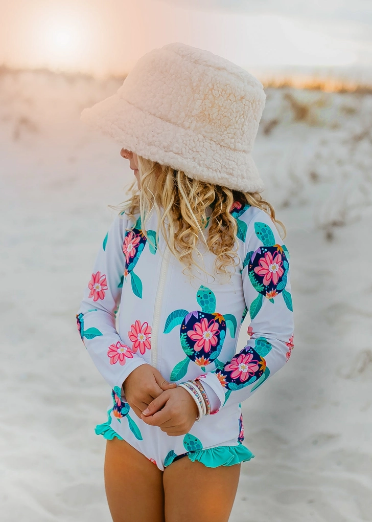 Girls Rash Guard Swimsuit White Turtle