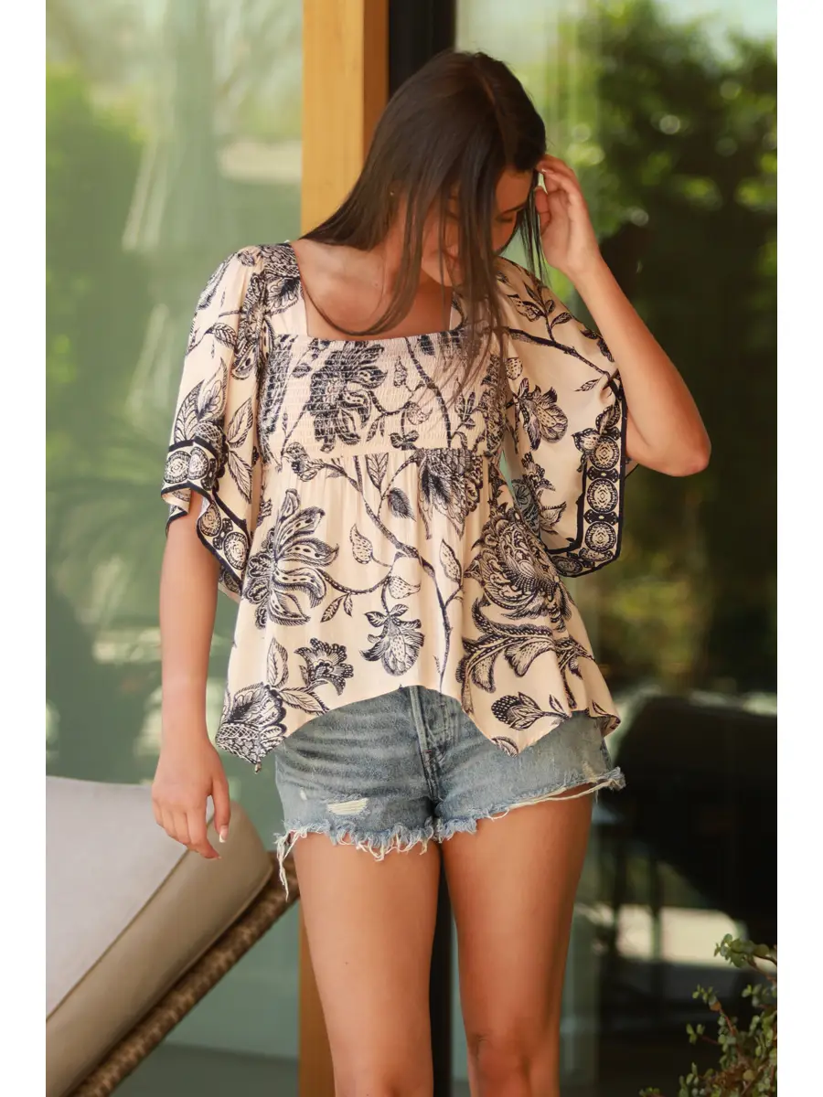 Square Neck Hanky Hem Kimono Sleeve Top