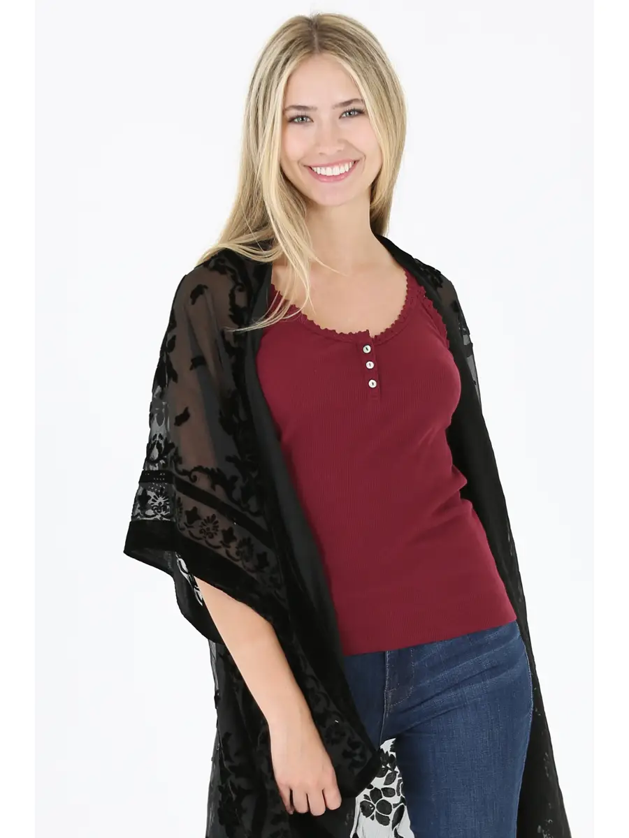 Rib Knit Lace Trim Henley Tank Top