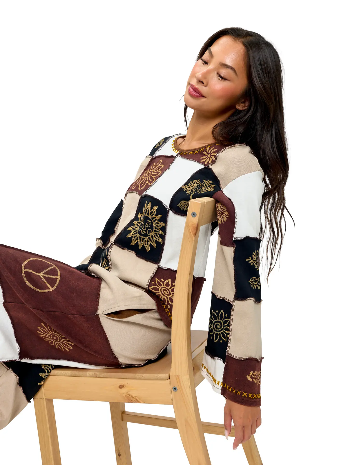 Earth Tones Colorblock Long Sleeve Top Bell Sleeves