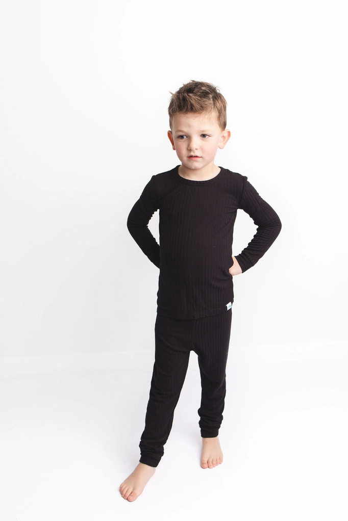 Midnight Black Ribbed Kids Bamboo Pajamas