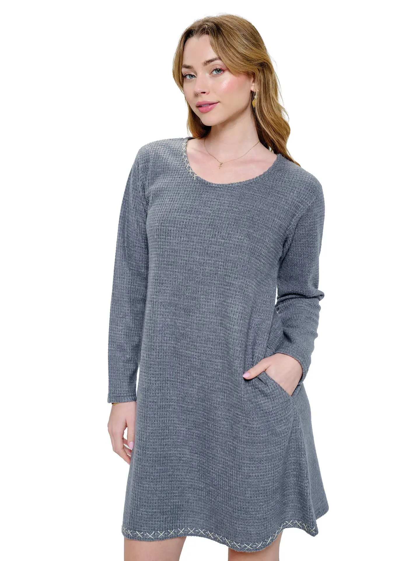 Cozy Ribbed Hand Stitch Accents Dress