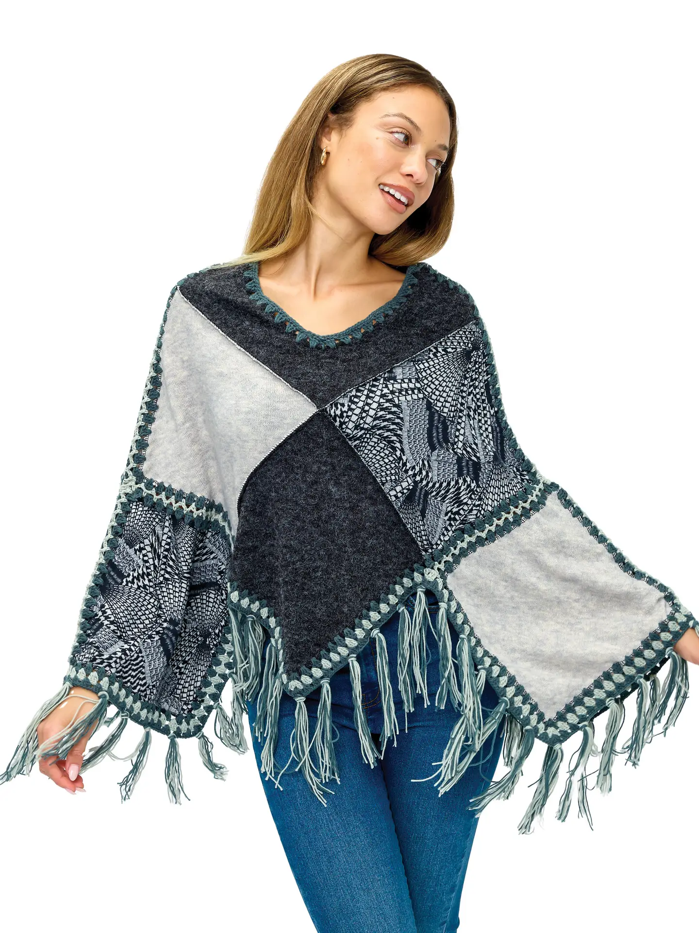 Patchwork Poncho With Fringe