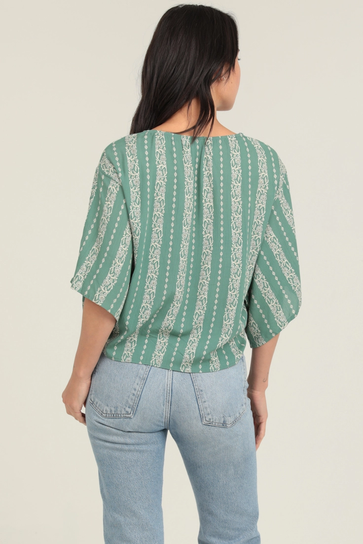 V-Neck Kimono Sleeve Tie Waist Blouse