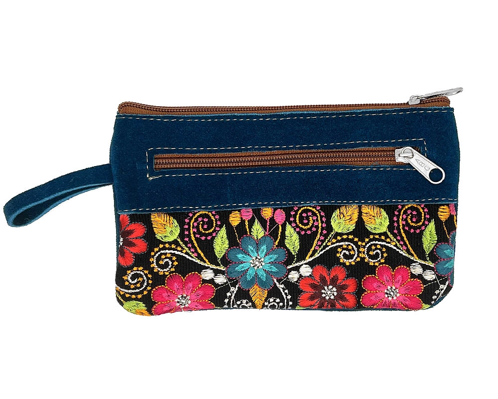 Embroidered Floral Suede Wristlet