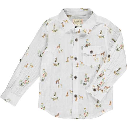 Boys Henry Dog Print Button Down Shirt