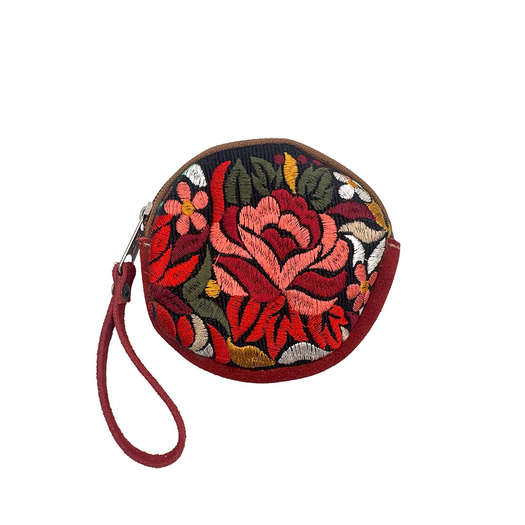 Round Embroidered Floral Leather Coin Purse