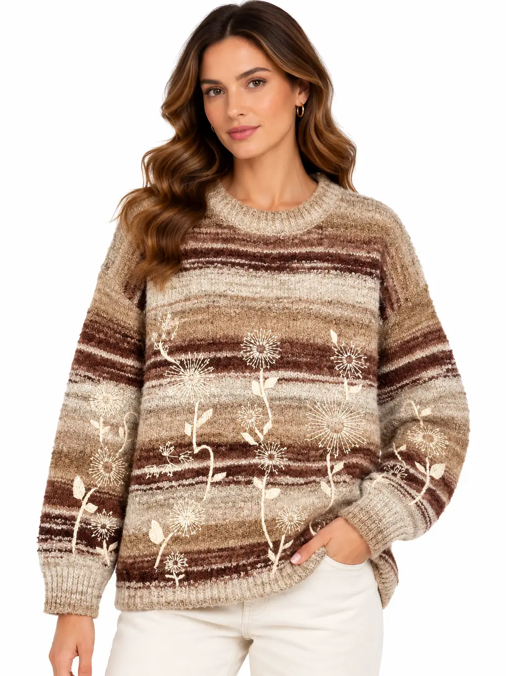 Earth Tone Embroidered Flowers Sweater
