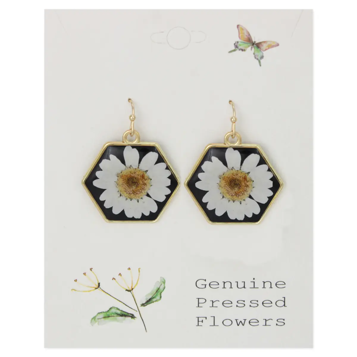 Daisy Geometric on Black Dried Flower Earrings