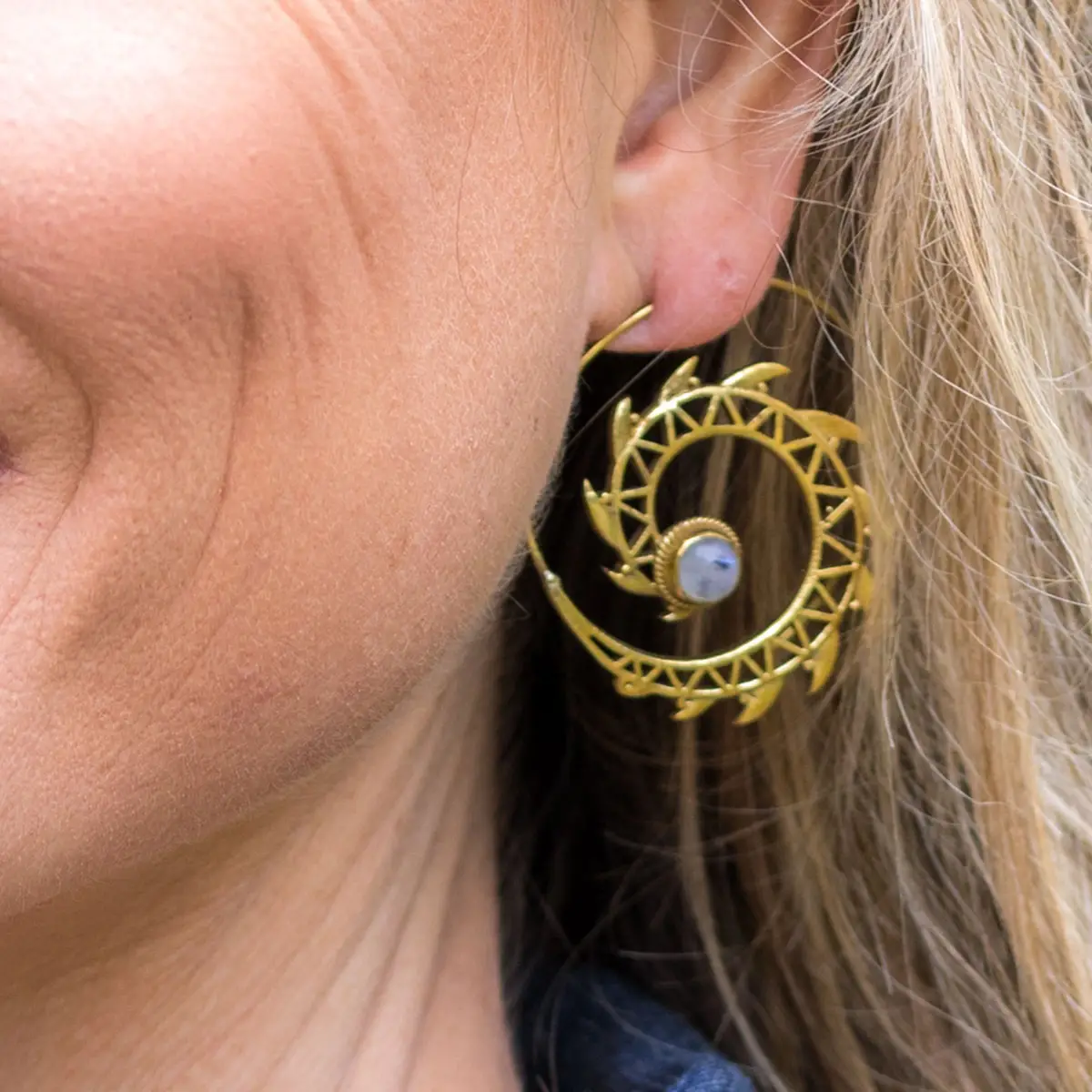 Tanvi Open Hoop Gold Spiked Earrings - Moonstone
