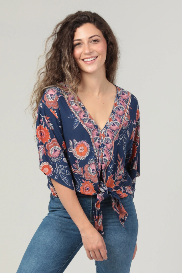 V-Neck Kimono Sleeve Tie Waist Blouse