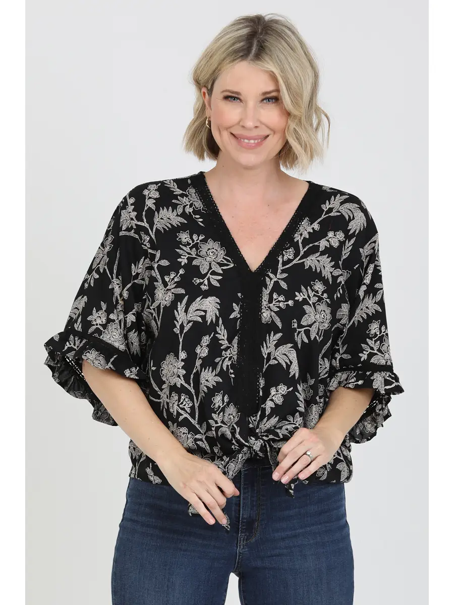 V-Neck Lace Trim Tie Waist Blouse