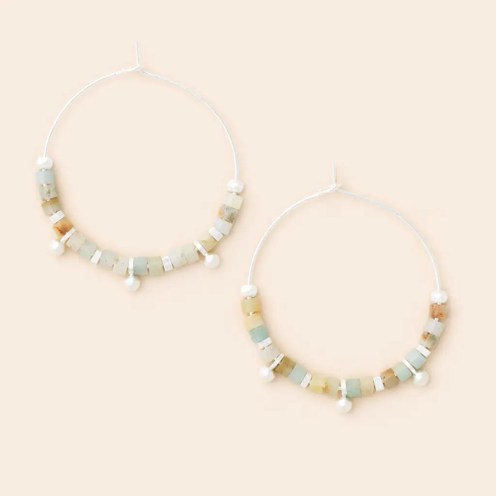 Stone Disc Hoop Earrings: Amazonite/Silver