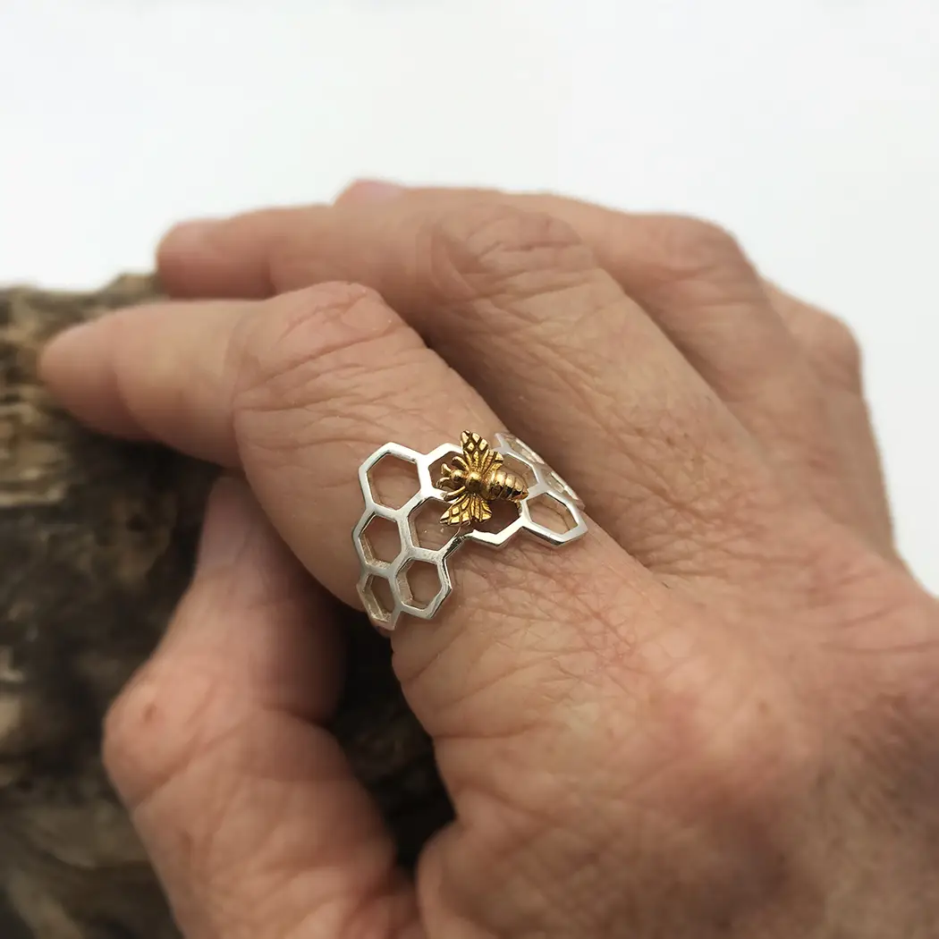 Sterling Honeycomb & Bronze Bee Ring
