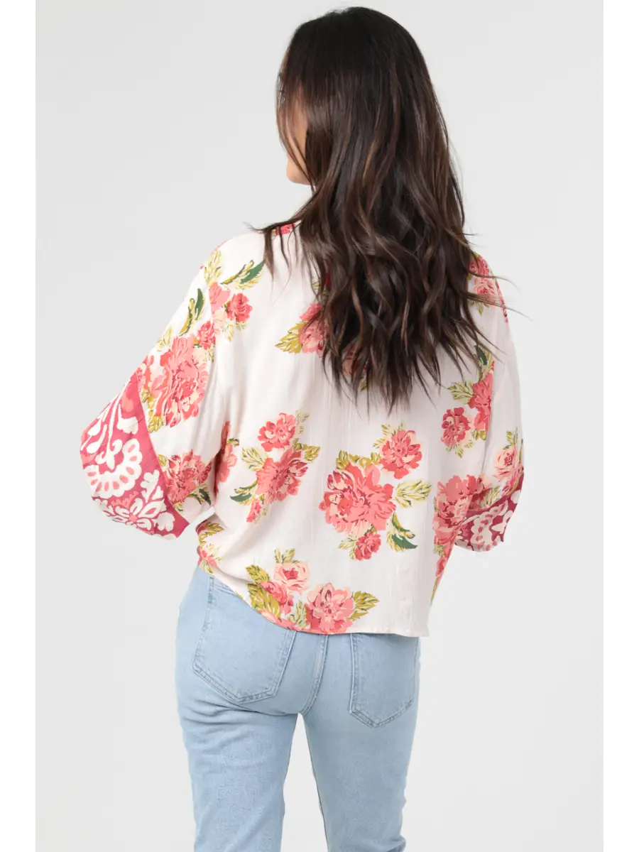 V-Neck Tie Waist Kimono Sleeve Top