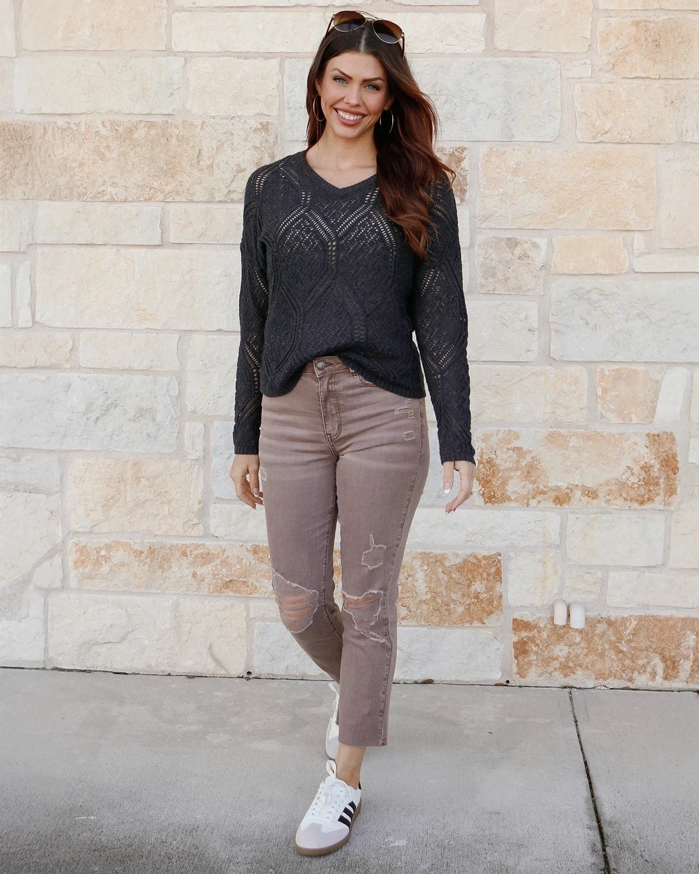 V-Neck Pointelle Sweater