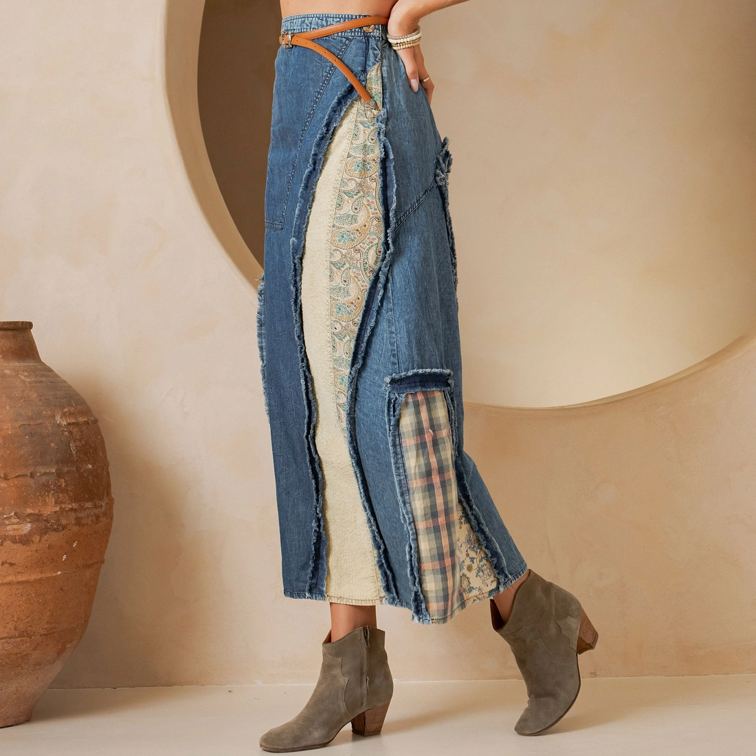 Patch Insert Denim Midi Skirt