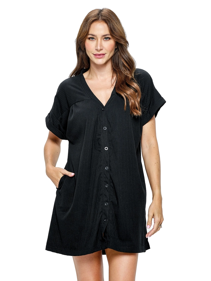Button Up Ribbed Dress With Pockets