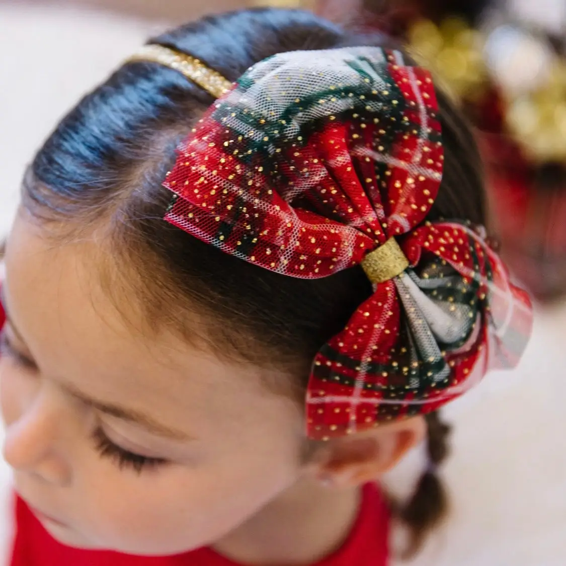 Girls Christmas Plaid Tulle Bow Headband