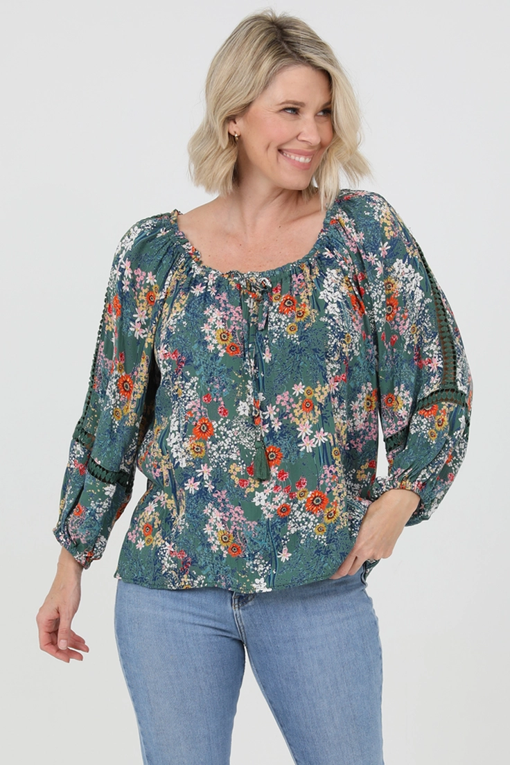 Floral Print Blouse w/ Lace Insets