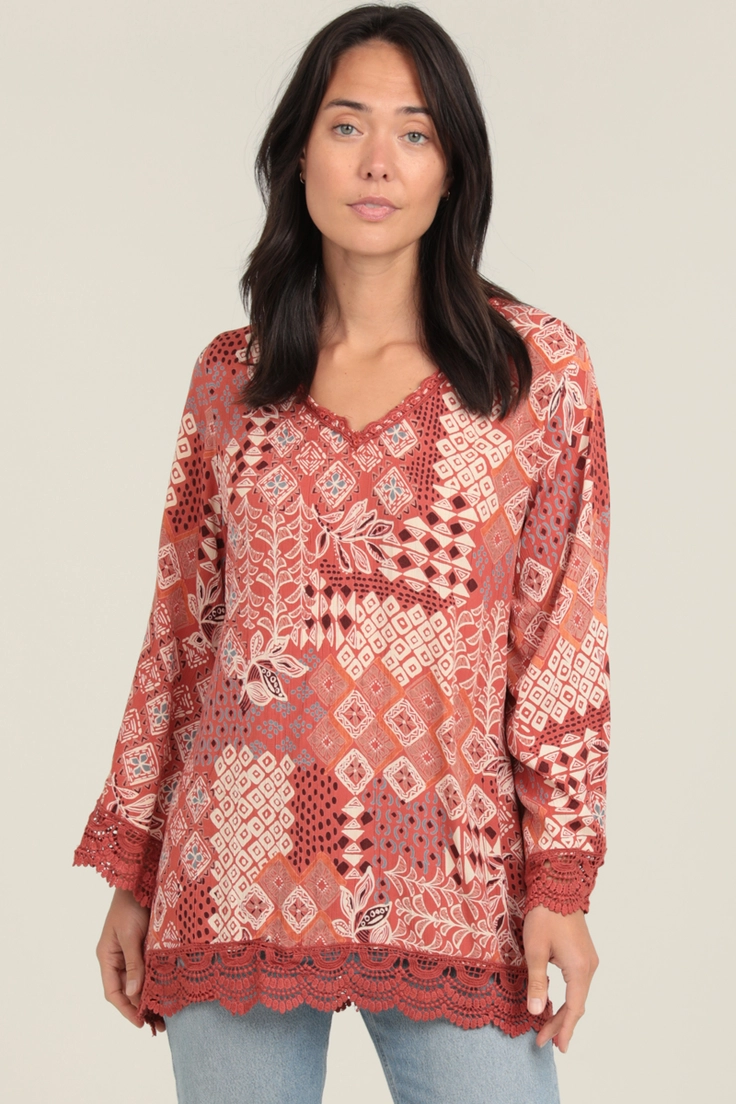Lace Trim V-Neck Tunic Top