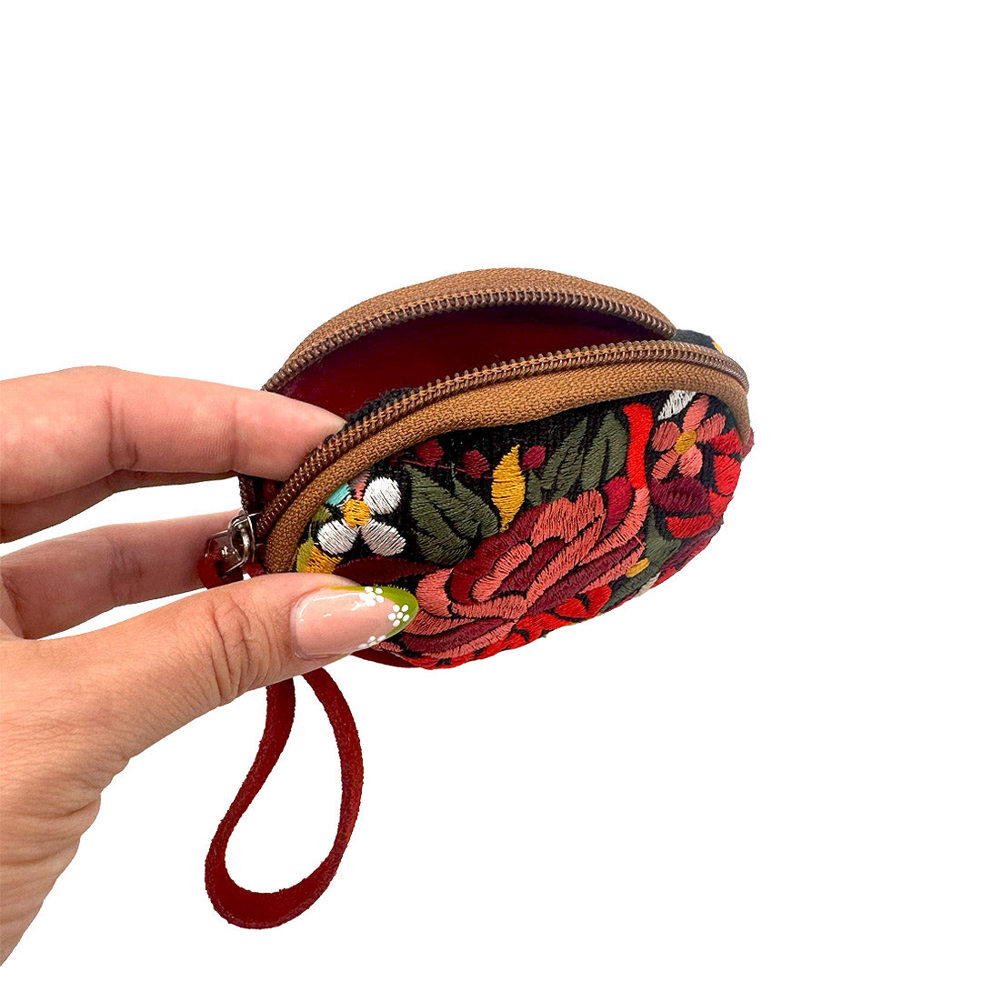 Round Embroidered Floral Leather Coin Purse