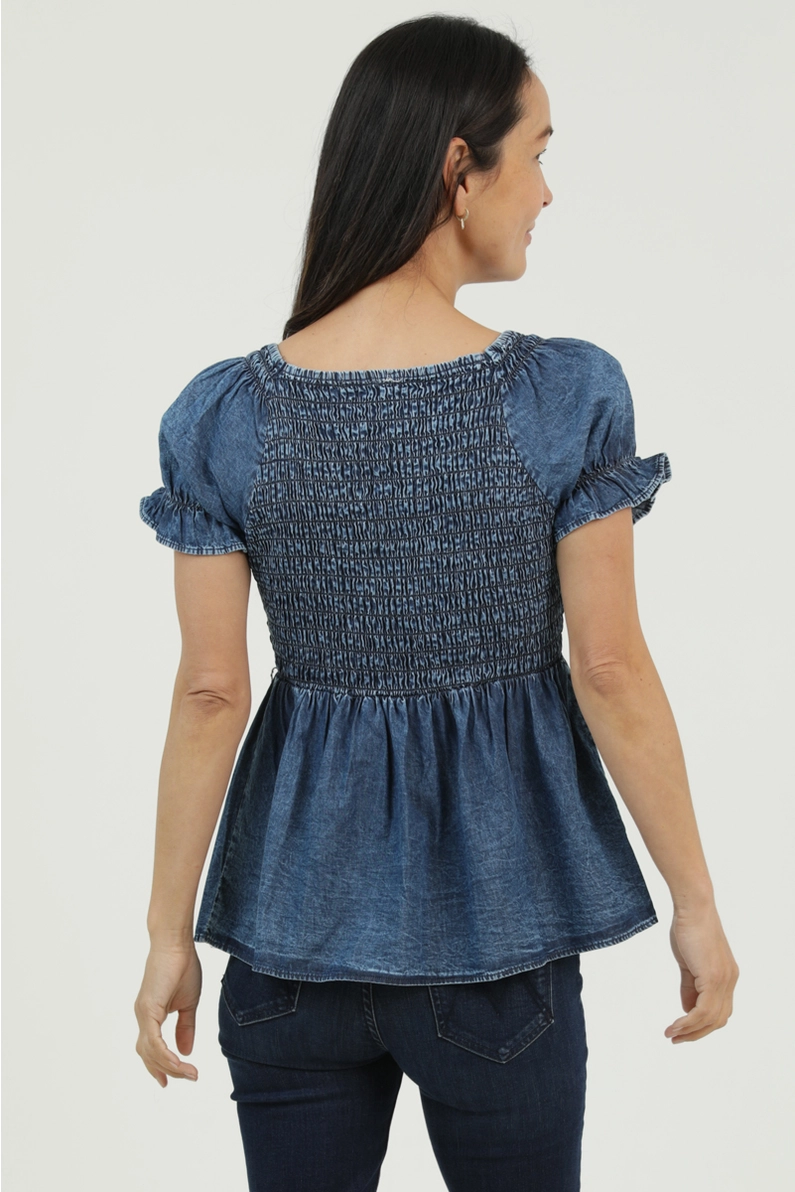 Smocked Bodice Puff Sleeve Denim Top