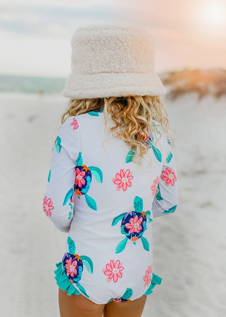 Girls Rash Guard Swimsuit White Turtle