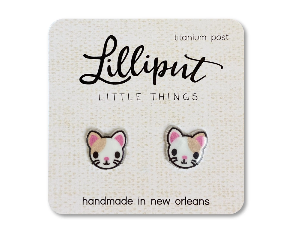 Cute Kitty Brown & White Stud Earrings