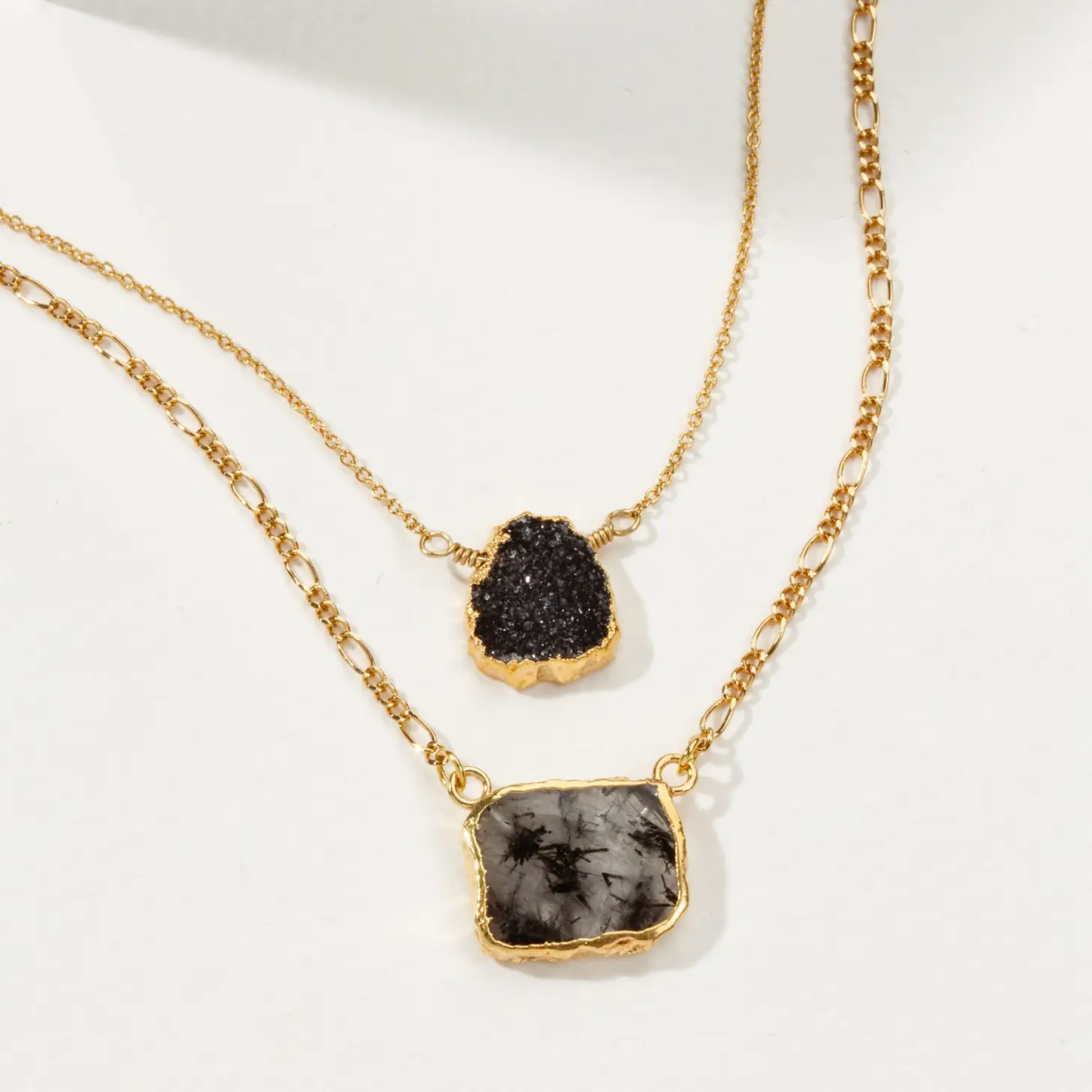 Power of 2 Necklace Tourmalinated Quartz & Druzy Quartz