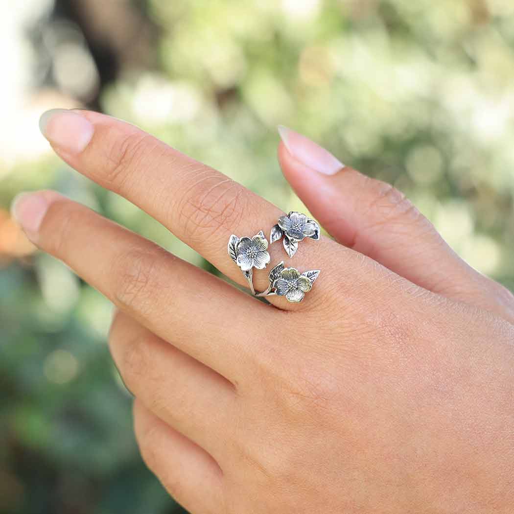 Dogwood Flower Leaf Ring Adjustable