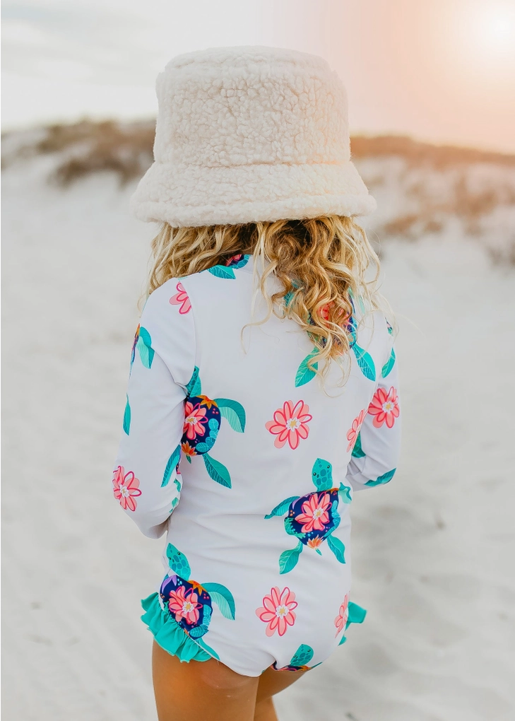 Girls Rash Guard Swimsuit White Turtle