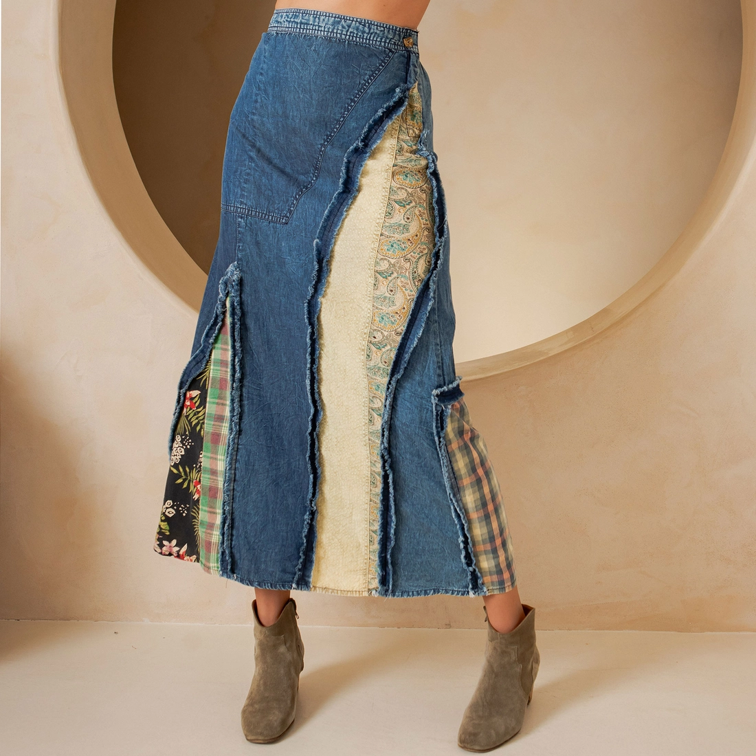 Patch Insert Denim Midi Skirt