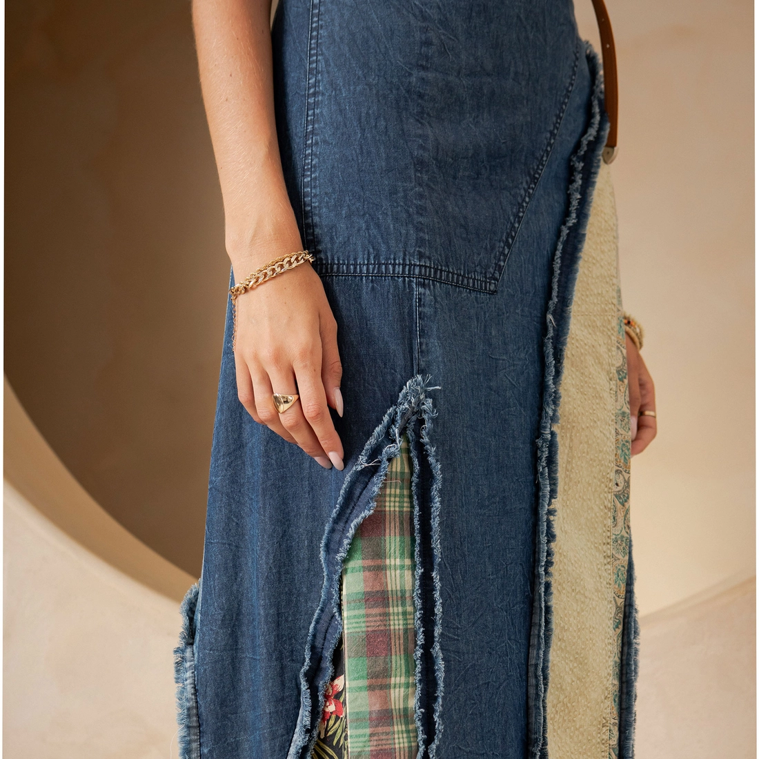 Patch Insert Denim Midi Skirt