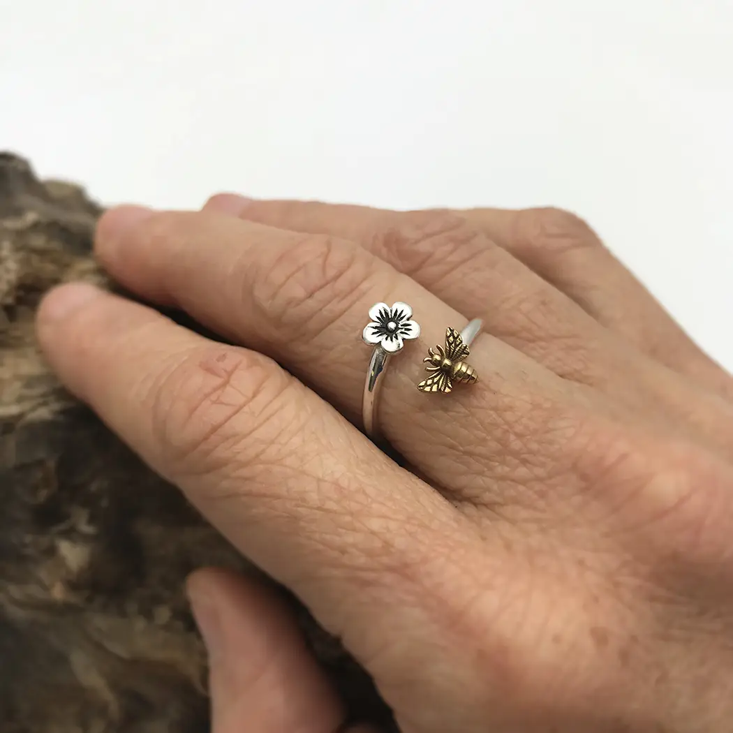 Adjustable Bee + Flower Ring
