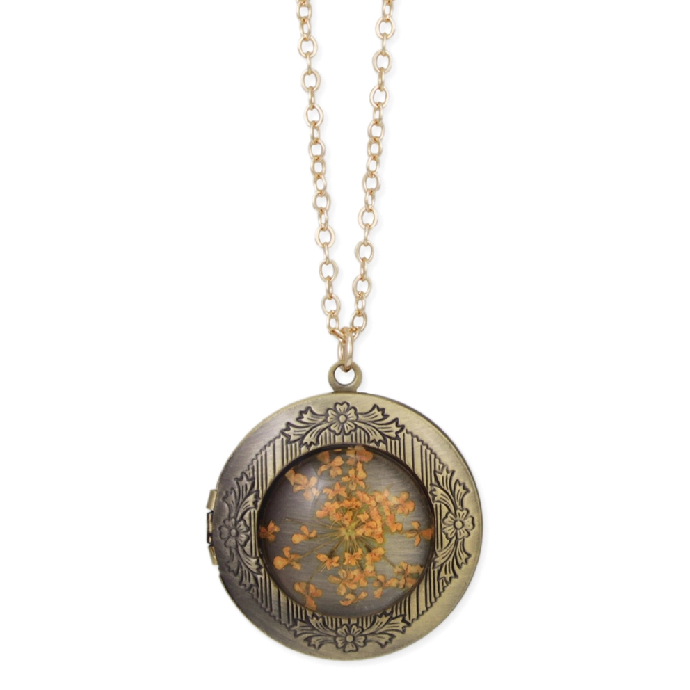 Vintage Yellow Dried Flower Locket Necklace