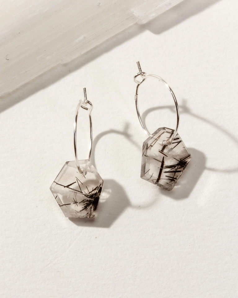 Geometry Mini Hoop Earrings - Tourmalinated Quartz