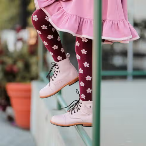 Girls Cable Knit Tights - Burgundy Flowers
