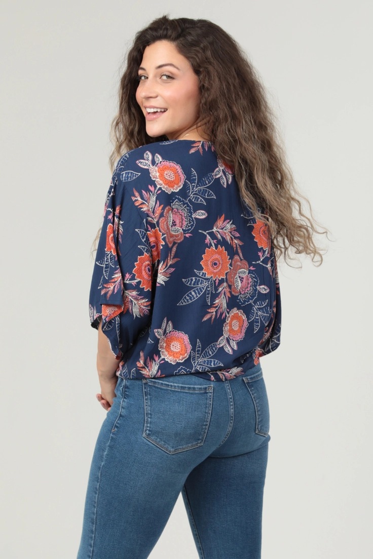 V-Neck Kimono Sleeve Tie Waist Blouse