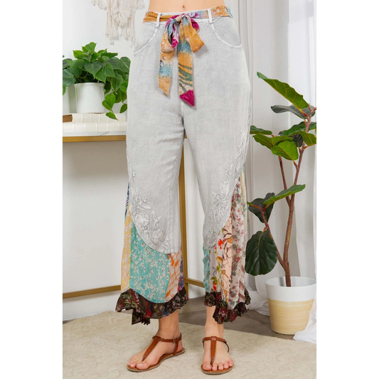 Mid Length Pants with Print Patch Inserts Grey