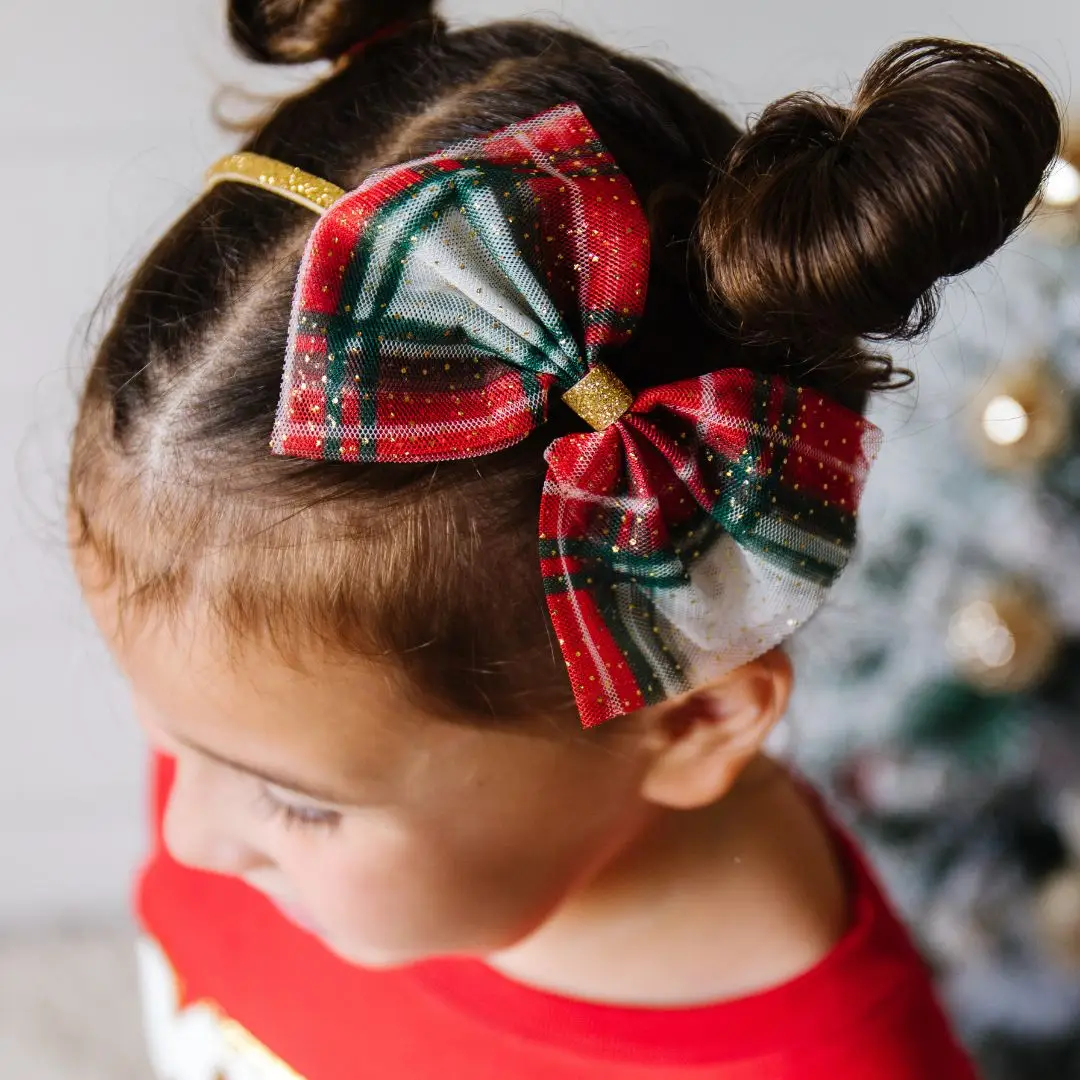 Girls Christmas Plaid Tulle Bow Headband