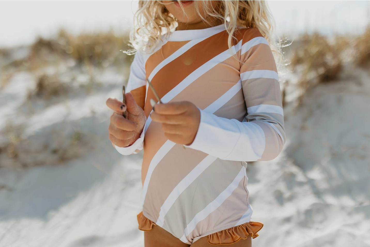 Girls Rash Guard Swimsuit Beige Rainbow