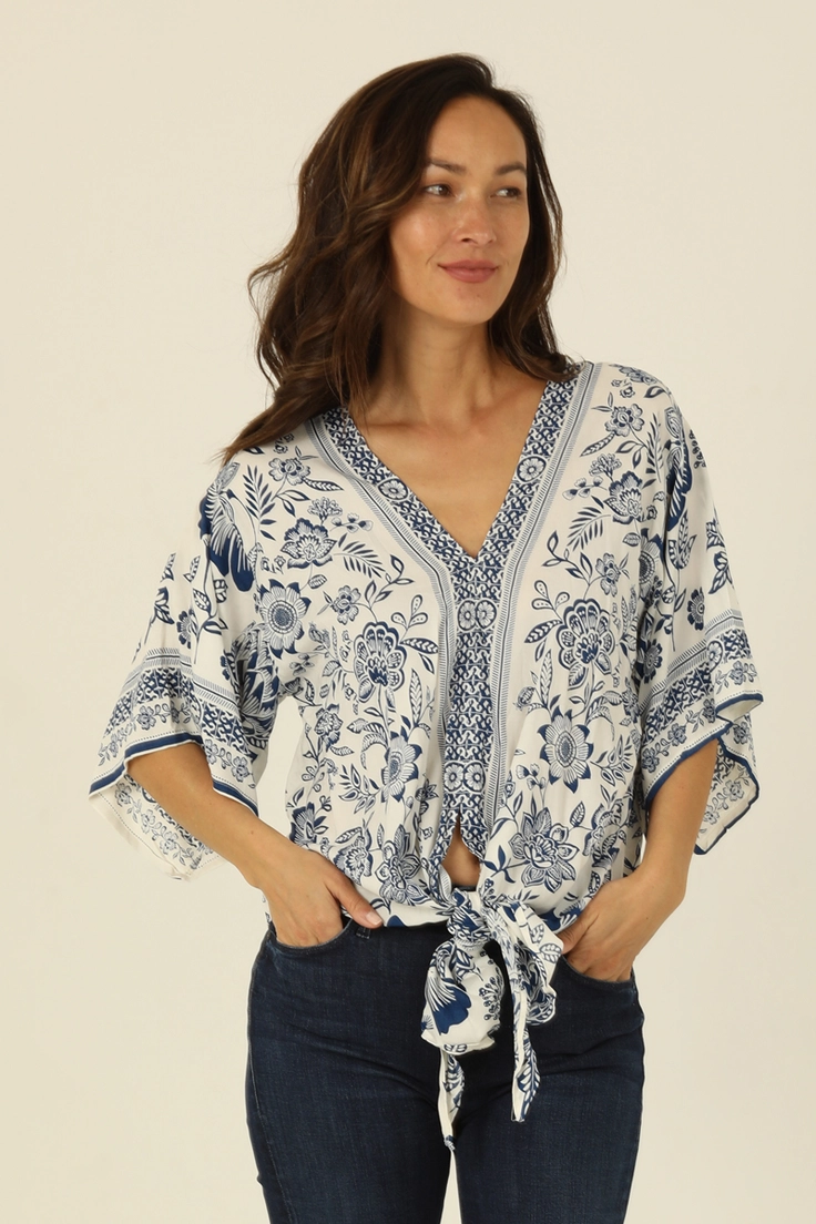 V-Neck Kimono Sleeve Tie Waist Blouse