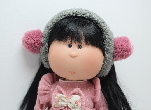 Doll Pink Dress Black Hair + Earmuffs