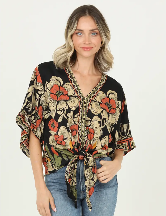 V-Neck Tie Waist Kimono Sleeve Top