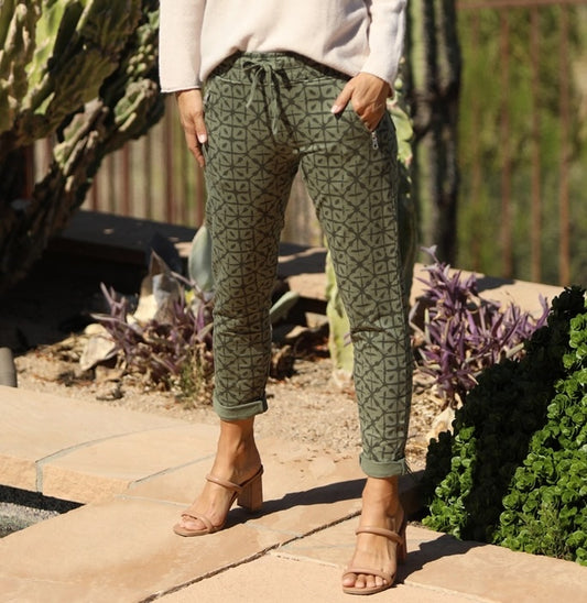 Geometric Printed Joggers w/ Zipper Pocket