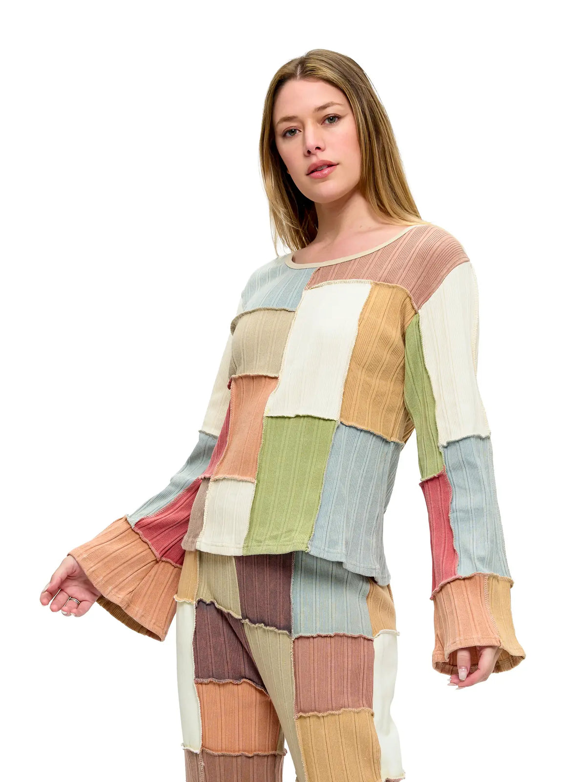 Long Sleeve Patchwork Top Bell Sleeves