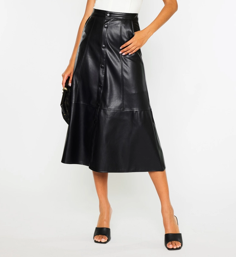 Faux Leather High Rise Midi Skirt