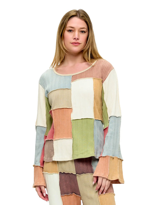 Long Sleeve Patchwork Top Bell Sleeves