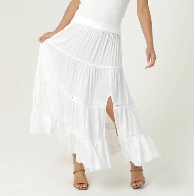Swiss Dot Lace Trim Side Slit Skirt